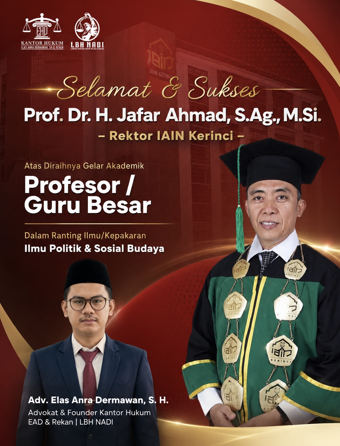 Prof. Dr. H. Jafar Ahmad Raih Gelar Profesor, Adv. Elas Anra Dermawan Sampaikan Ucapan Selamat