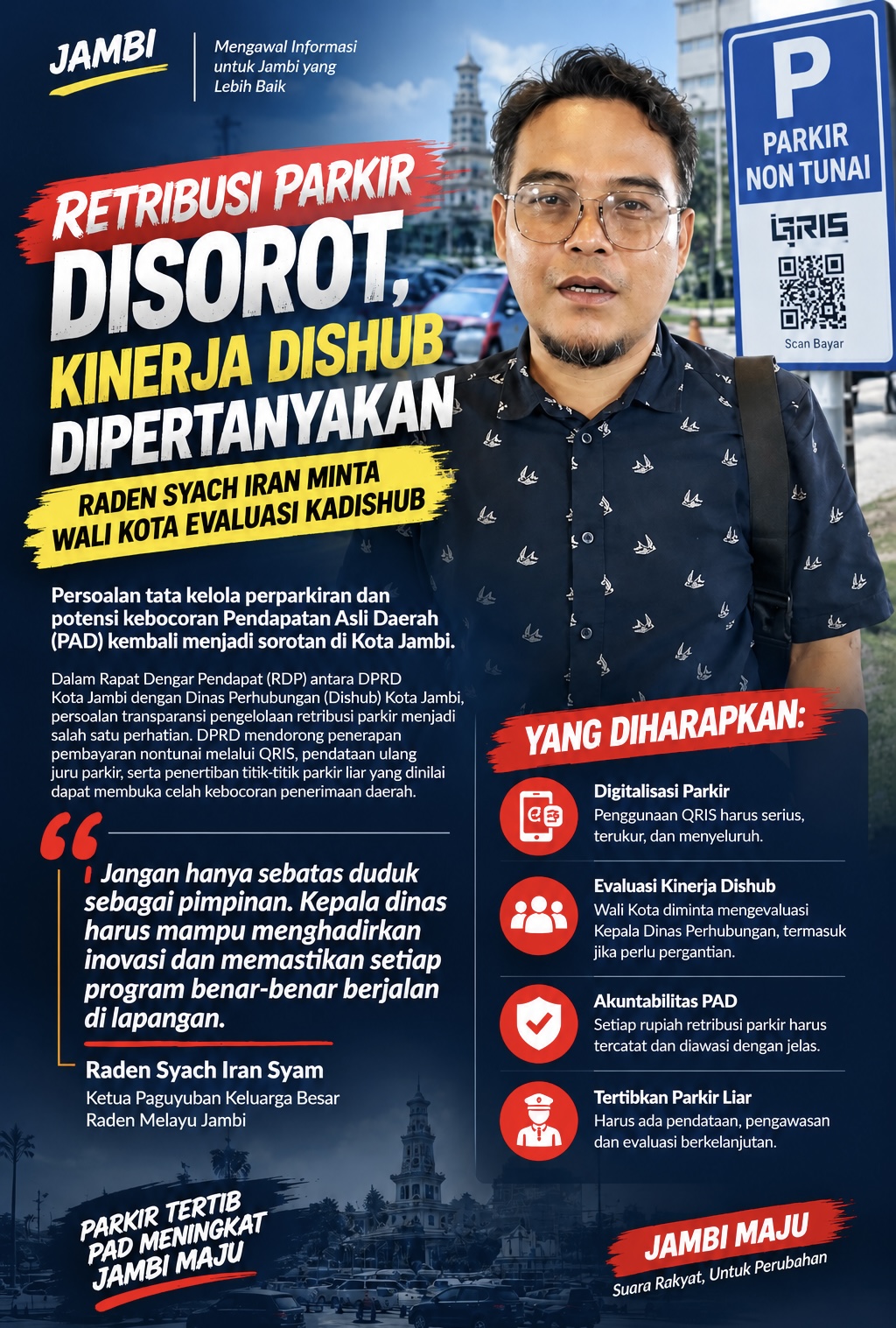 RETRIBUSI PARKIR DISOROT, KINERJA DISHUB DIPERTANYAKAN: RADEN SYACH IRAN MINTA WALI KOTA EVALUASI KADISHUB
